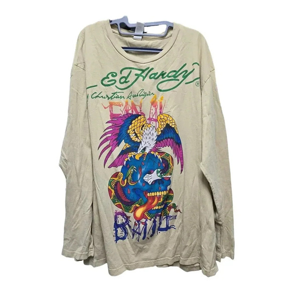 Ed Hardy Y2K Battle  Design Long Sleeves Cream Color Size 3XL - Picture 1 of 7